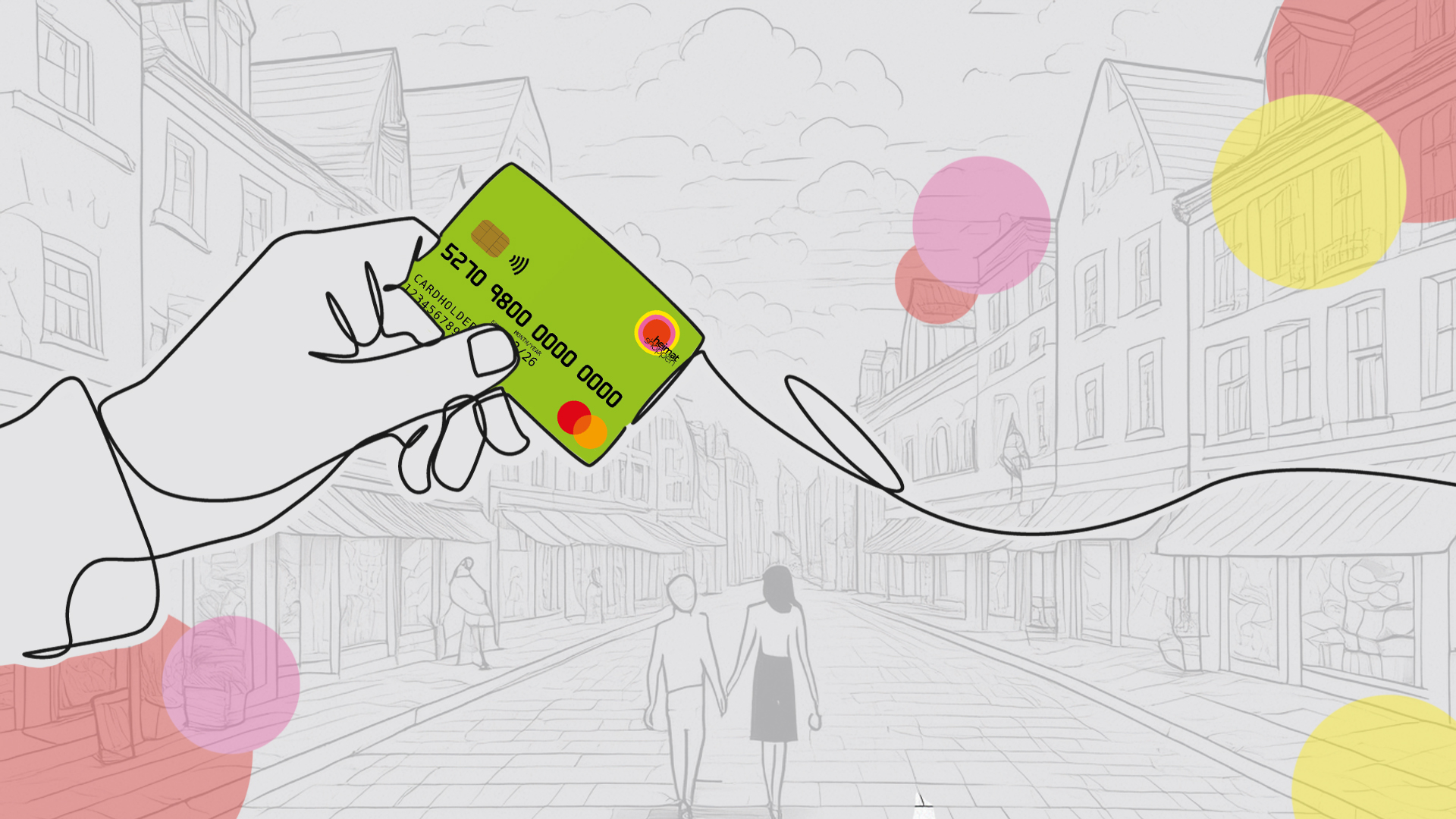 Headerbild | Skizze einer Einkaufstraße | Im Vordergrund ist eine Hand welche die Heimatshoppenkarte hält